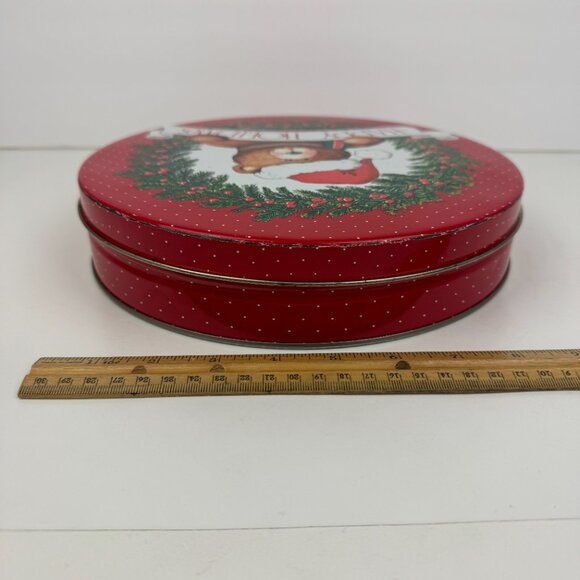 Vtg Round Metal Tin Teddy Bear Happy Holidays Red w Polka Dots 10in Diameter - Picture 12 of 13